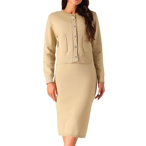 Two Piece Winter Button Down Cardigan Midi Skirts Casual Lounge Set Khaki - Picture 1 of 5